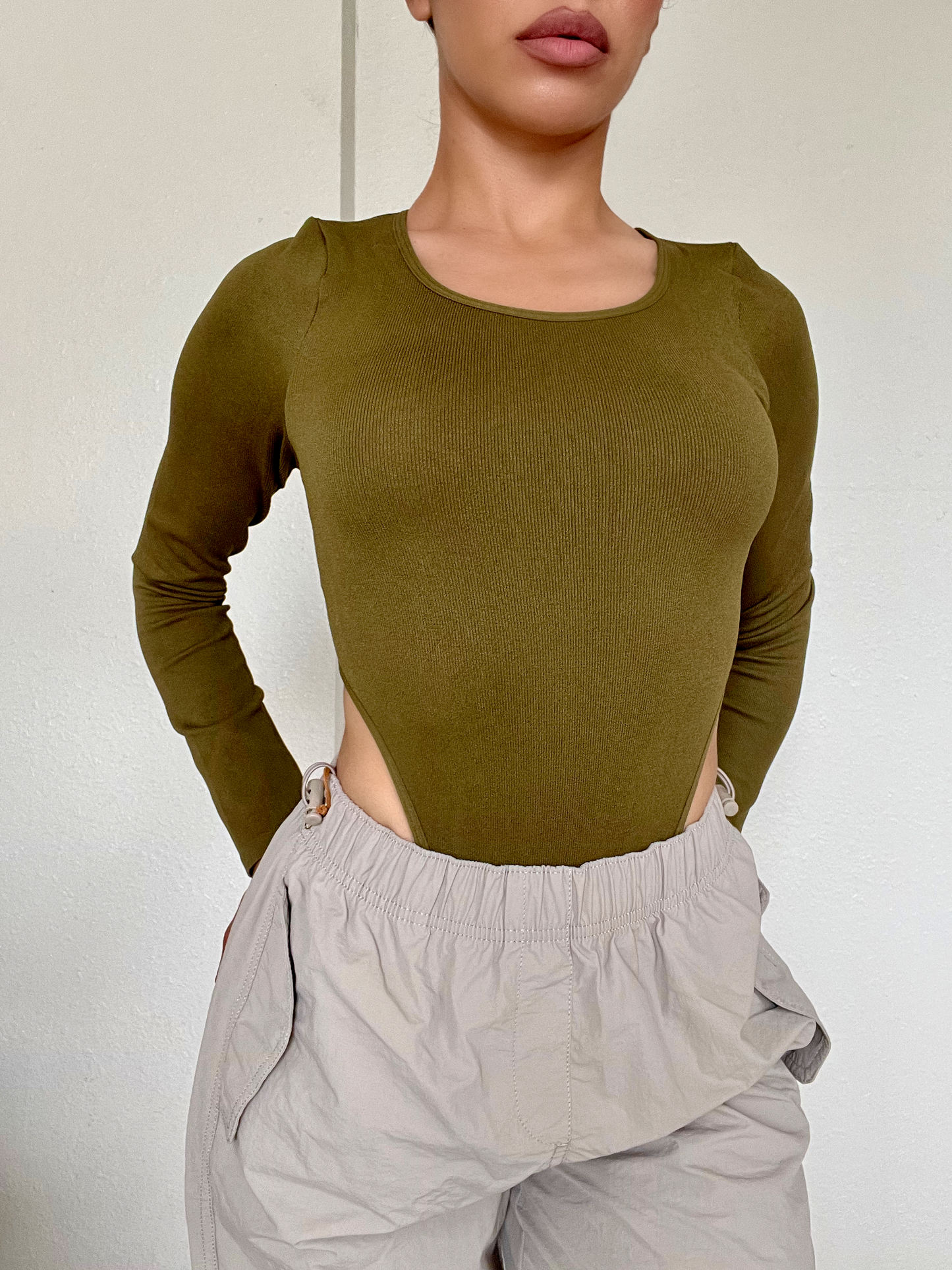 Long Sleeve Highleg Bodysuit -Olive