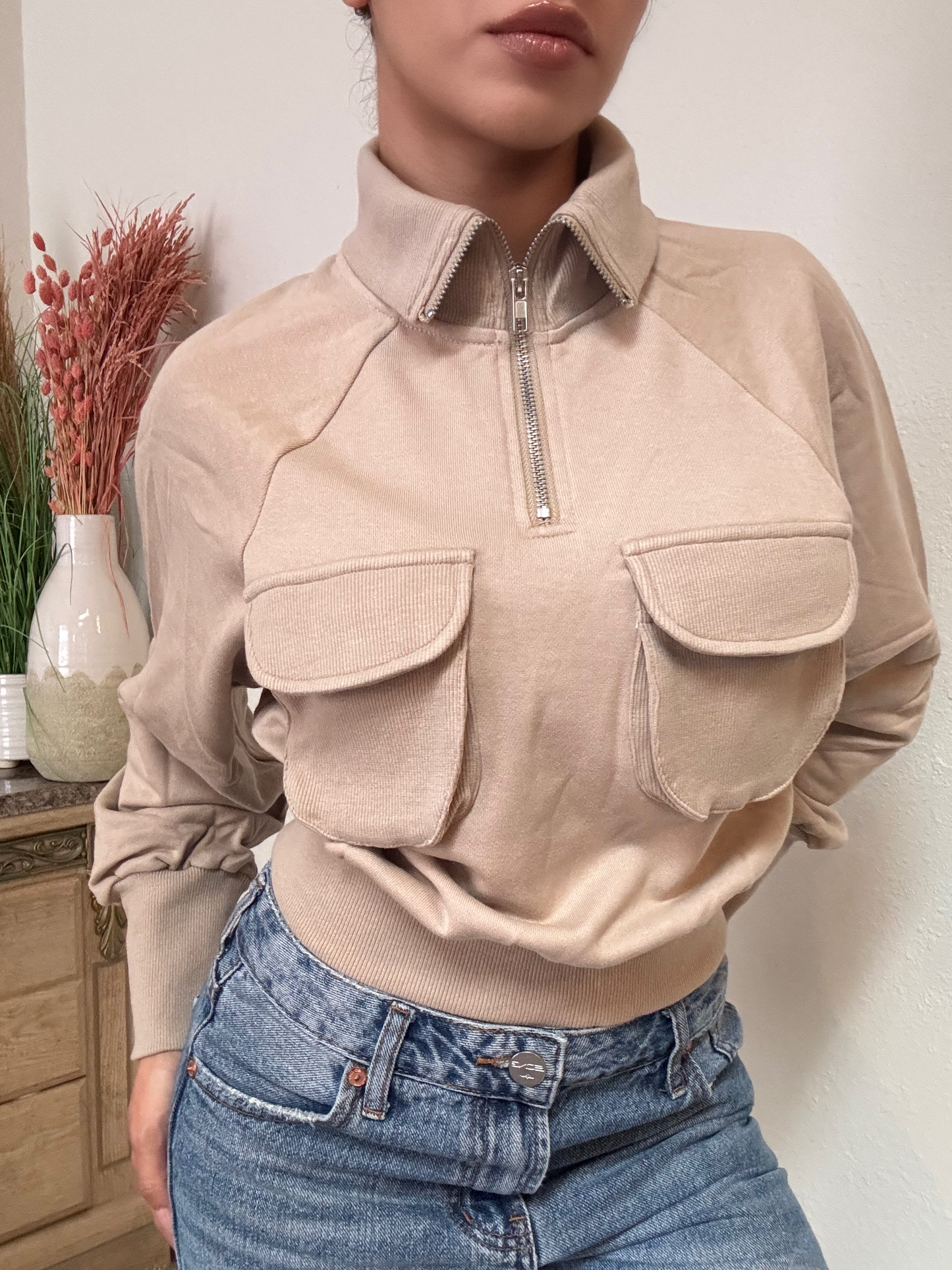 Pocket Detail Pull Over -Taupe