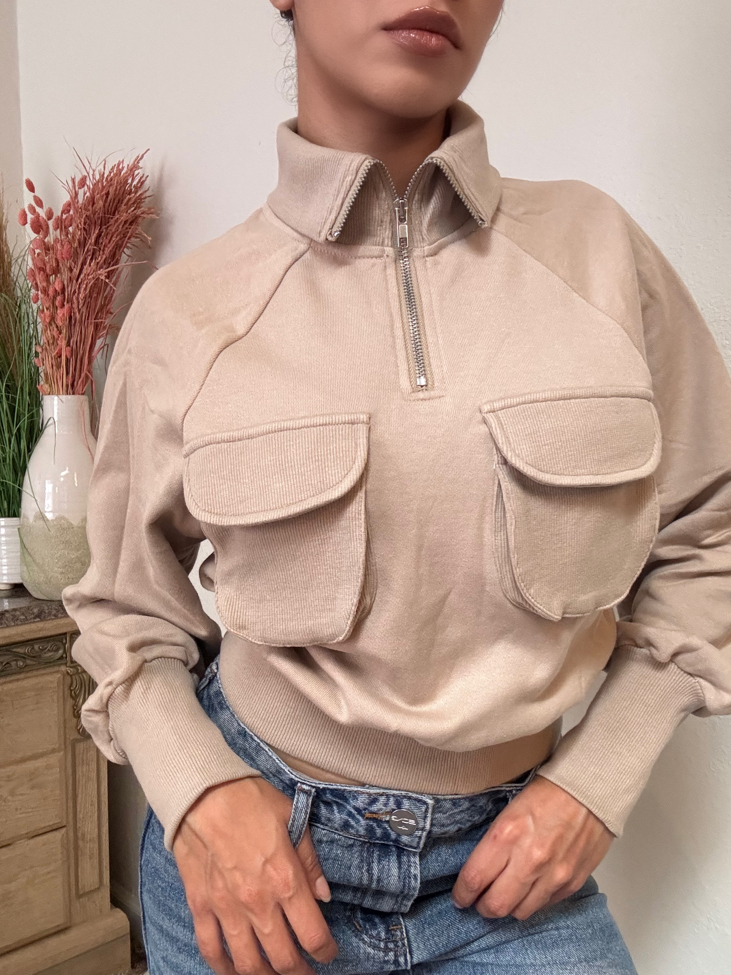 Pocket Detail Pull Over -Taupe