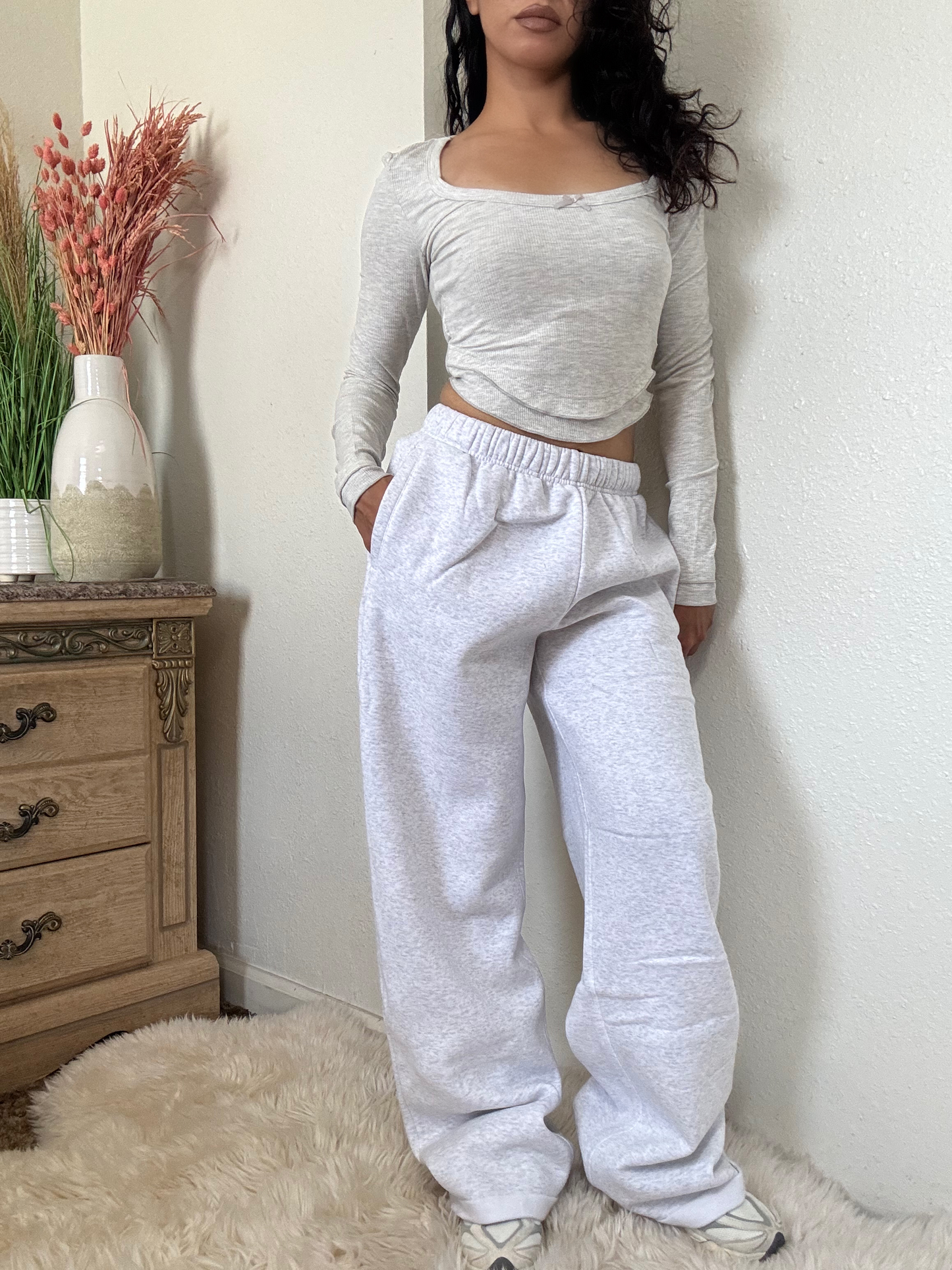 Fleece Wide Leg Sweatpants -Ash