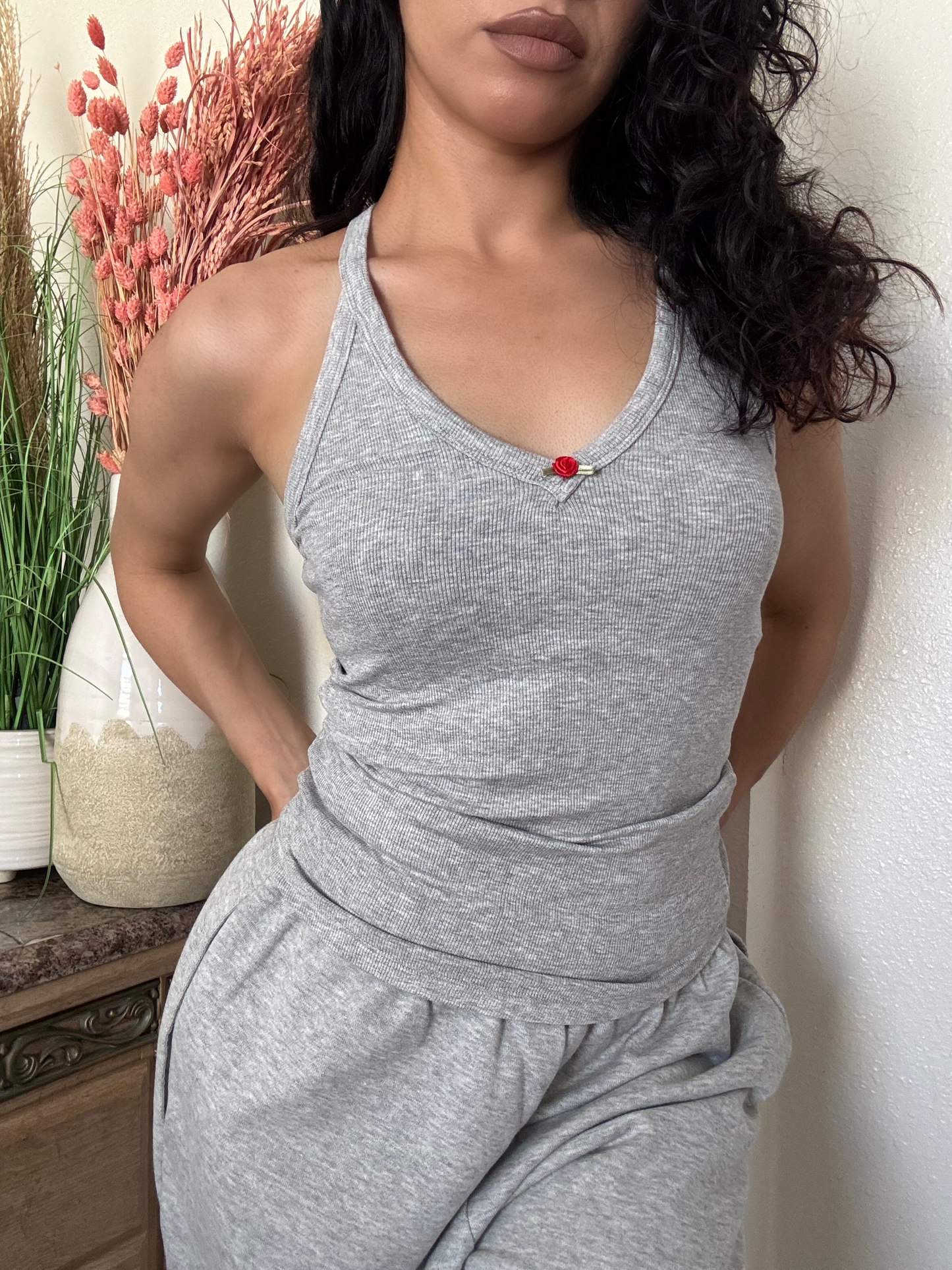 Rosette Detail Racerback Tank -Heather Grey