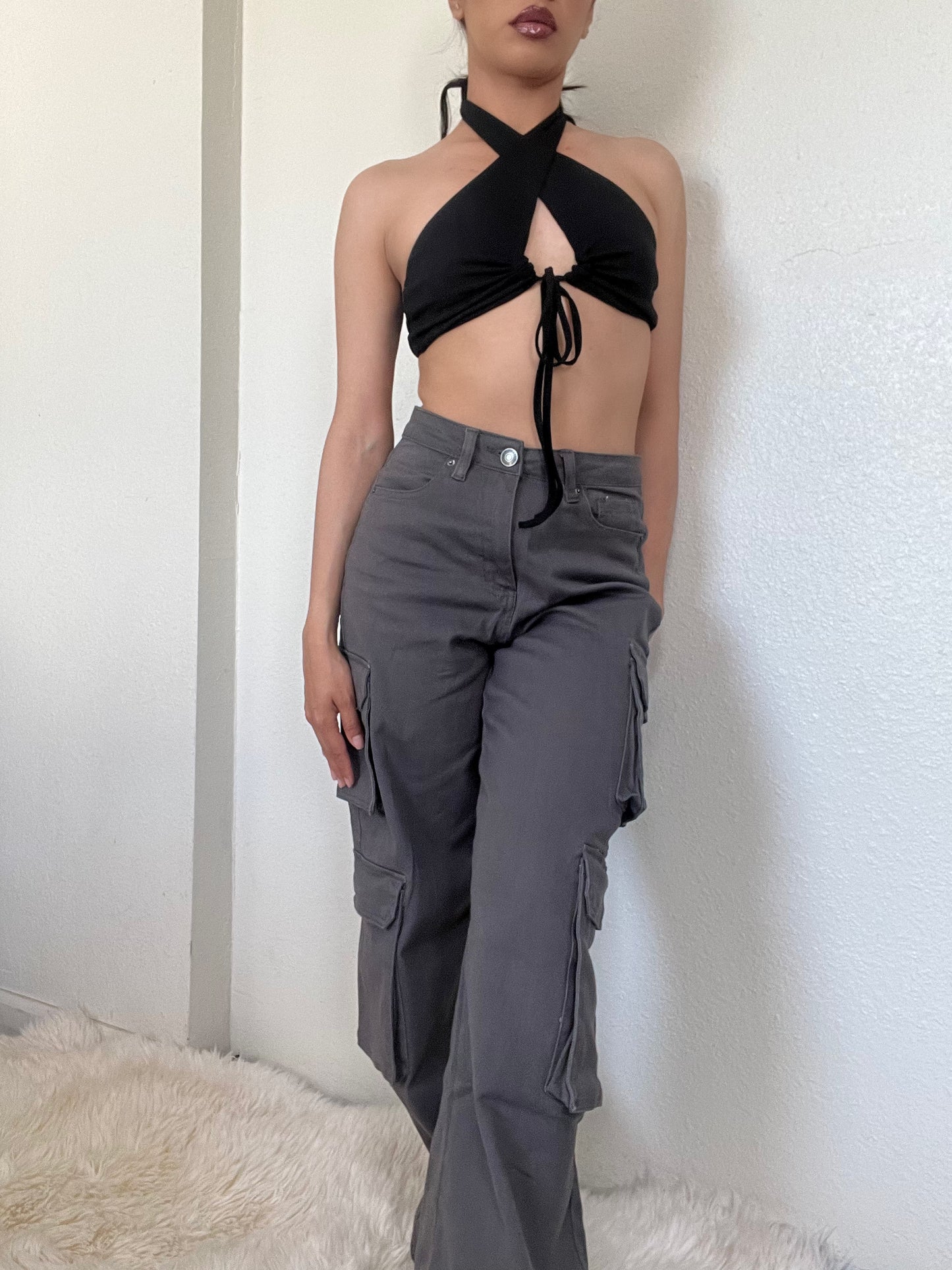 High Rise Double Cargo Pants -Charcoal