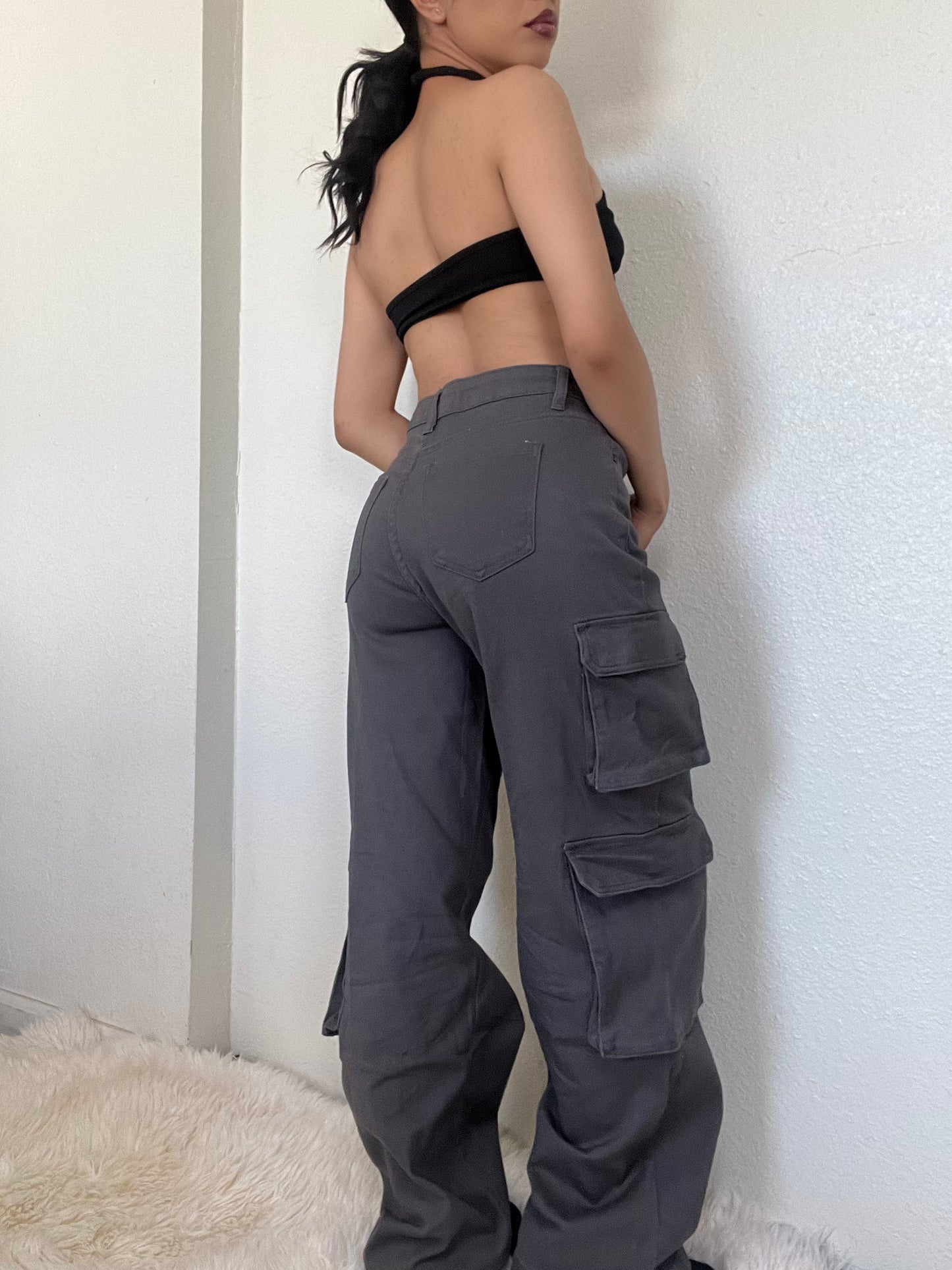 High Rise Double Cargo Pants -Charcoal