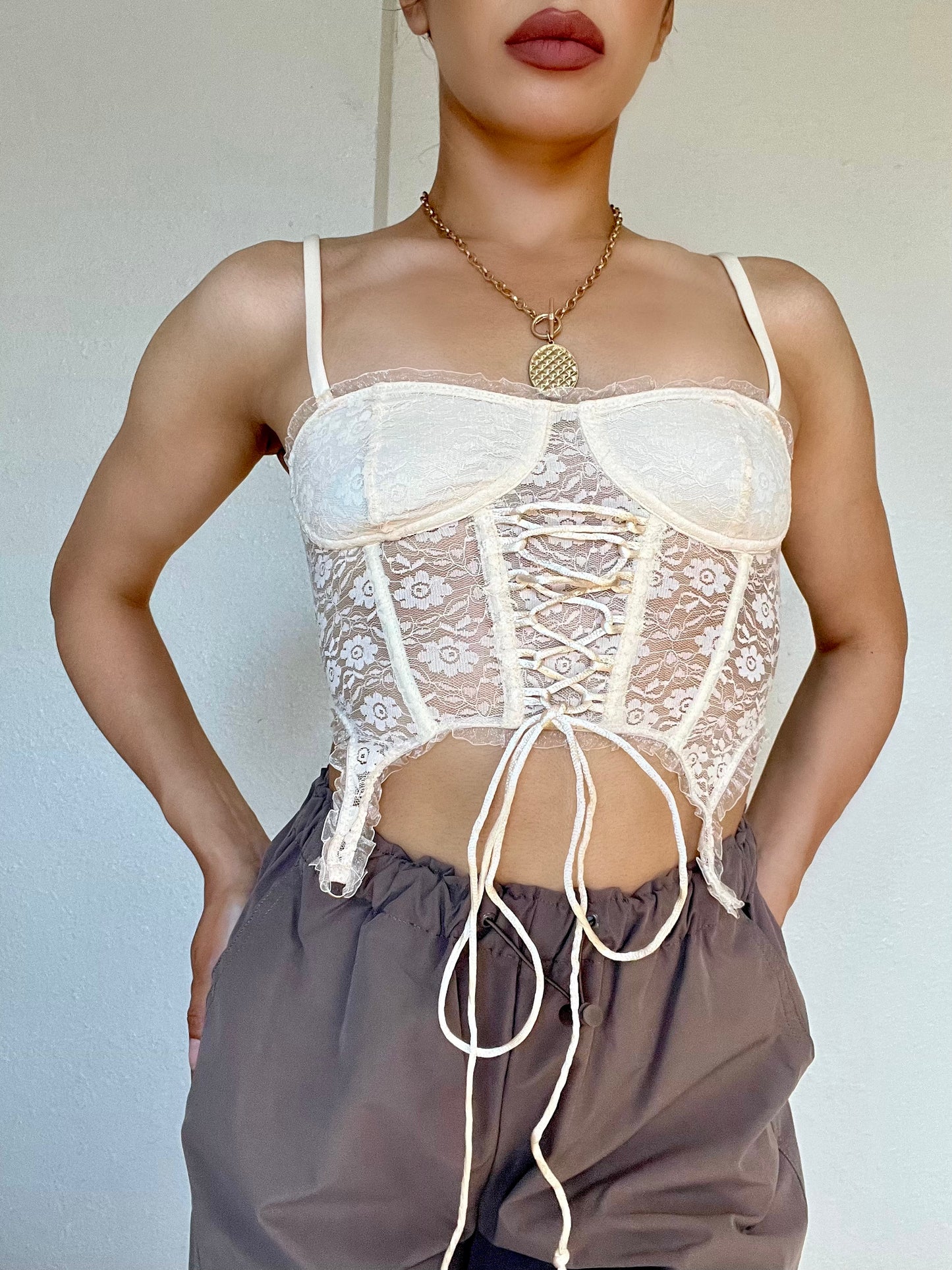 Lace Up Corset Top -Oatmeal