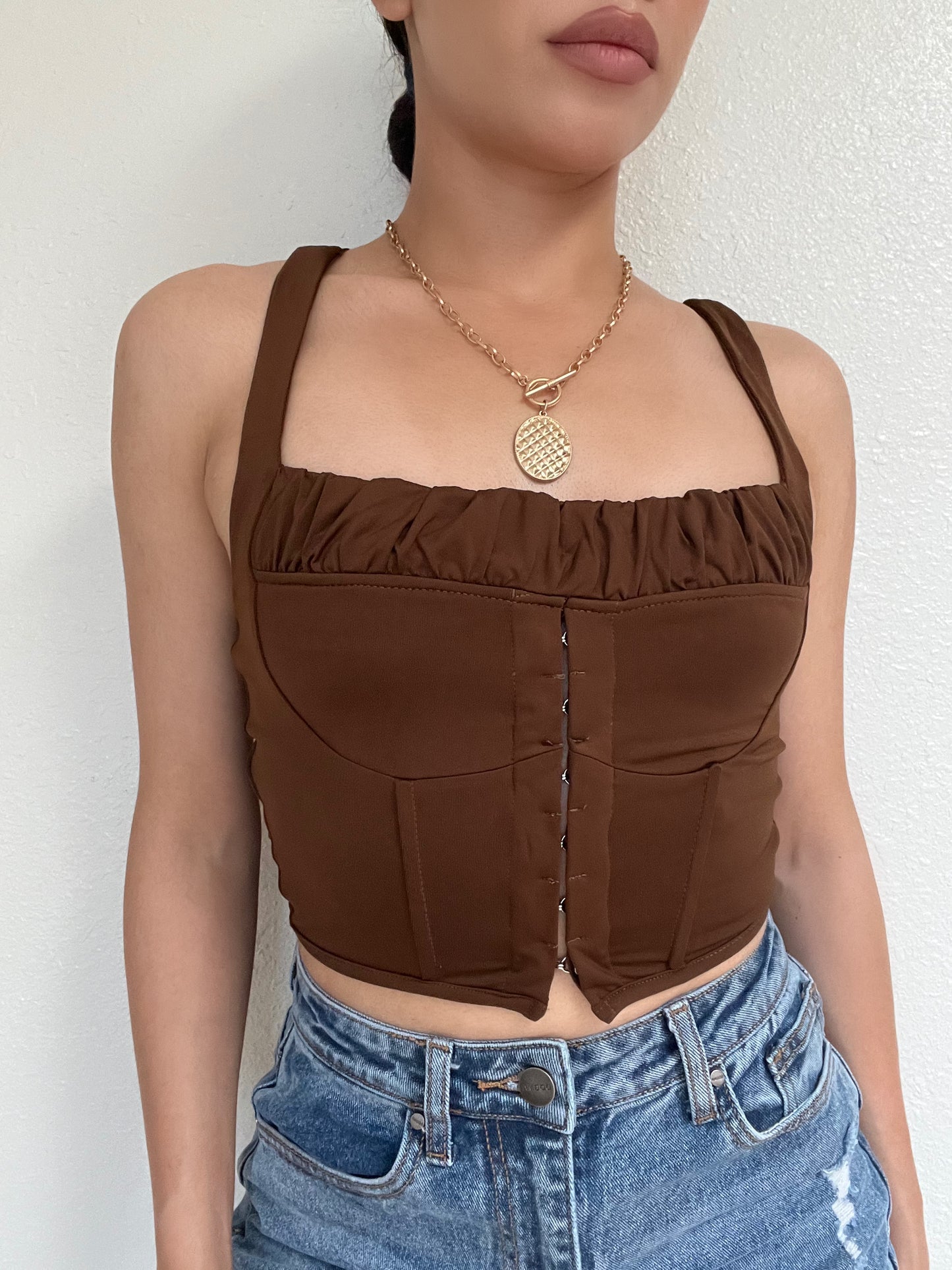Ruched Hook and Eye Detail Top -Brown