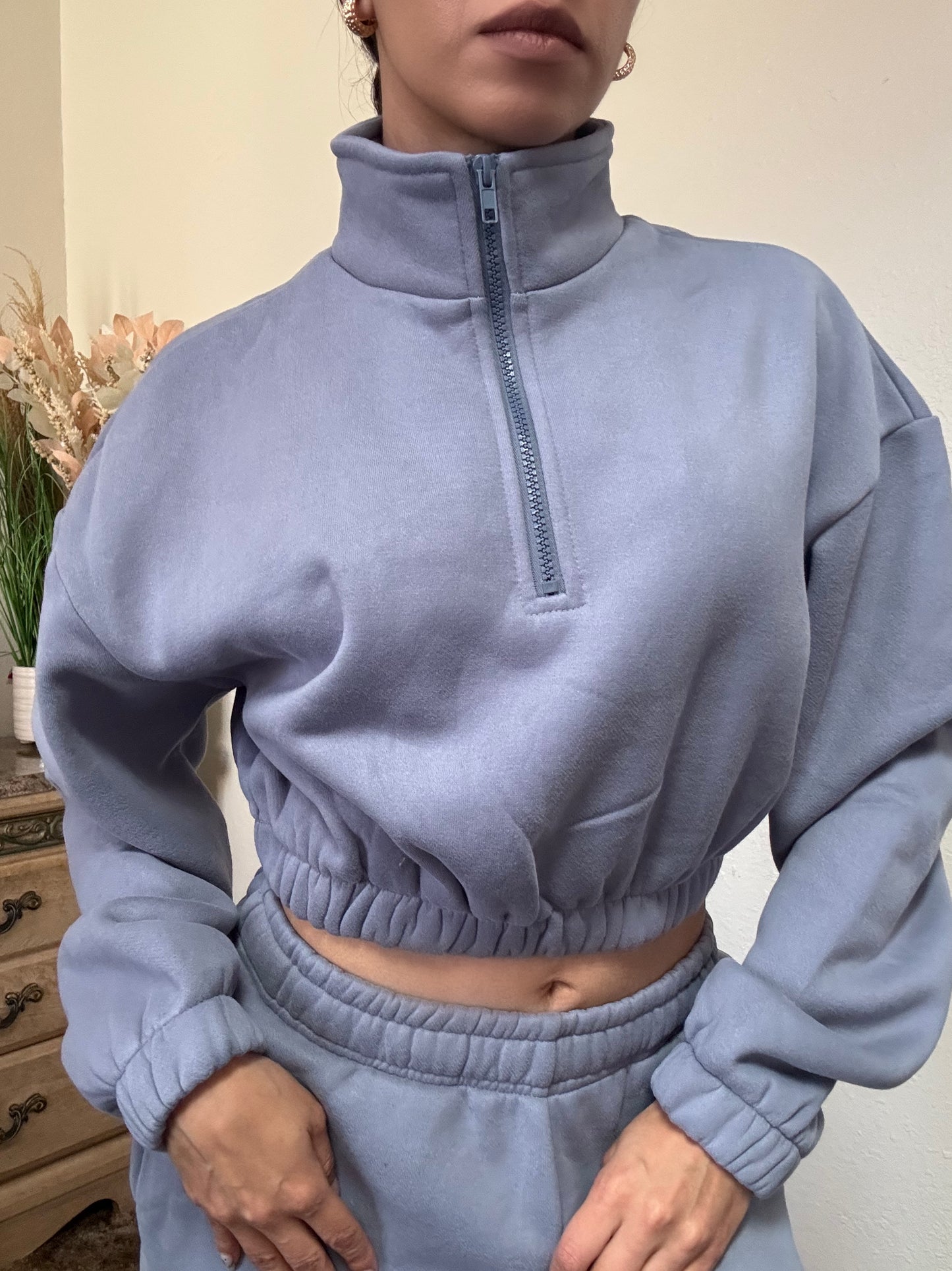 Essential Half Zip Up Cropped Pullover (French Blue)