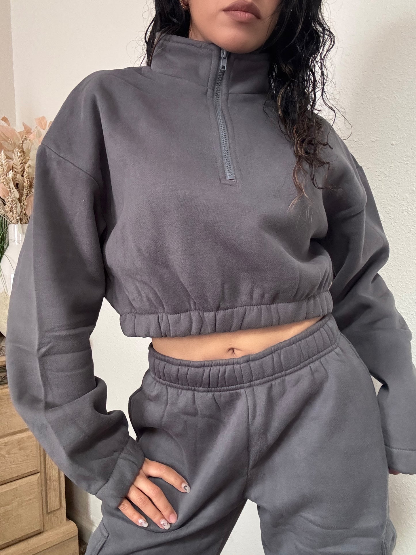 Essential Half Zip Up Cropped Pullover (Graphite)