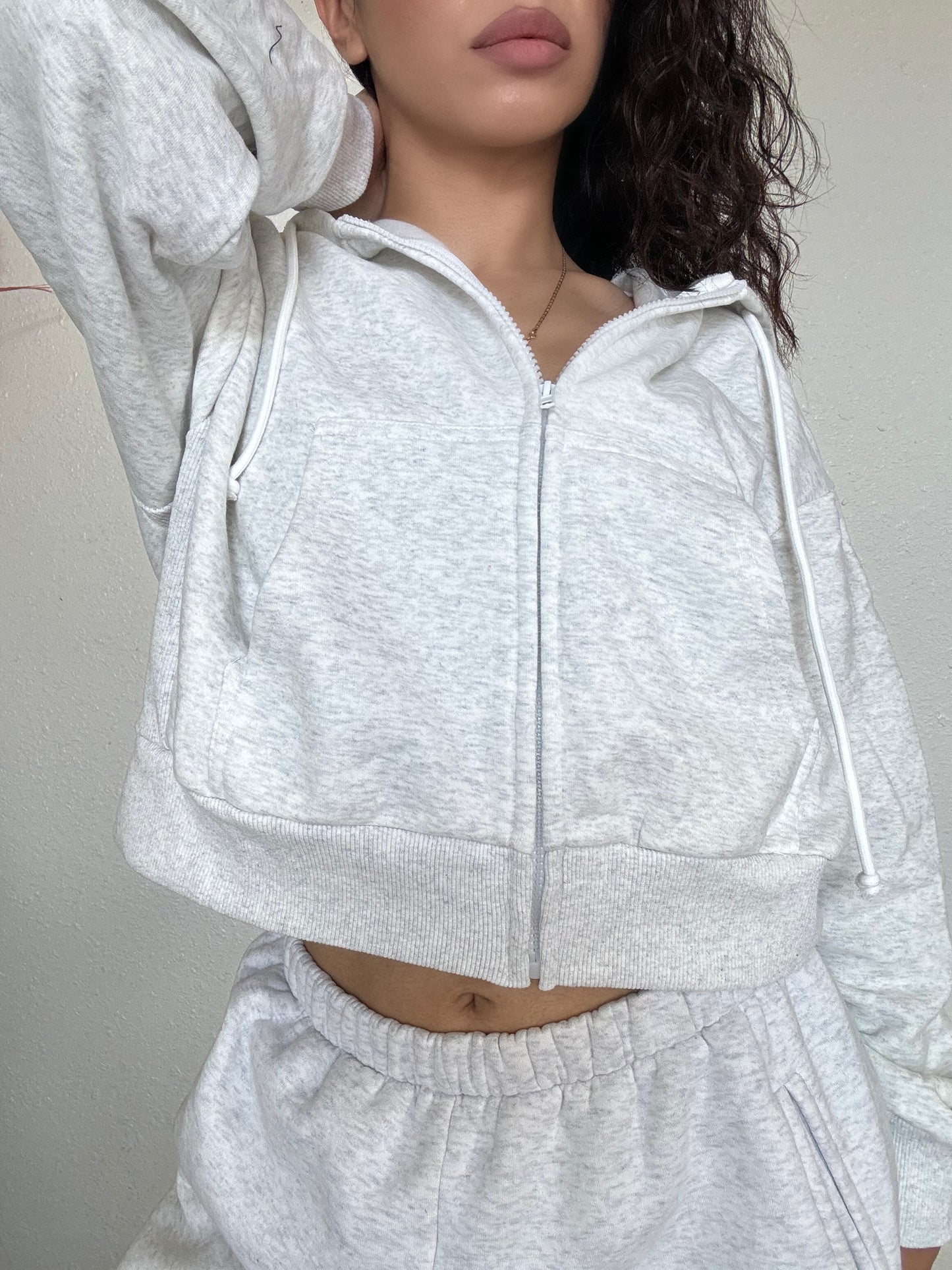 Essential Crop Hooded Jacket -Heather White