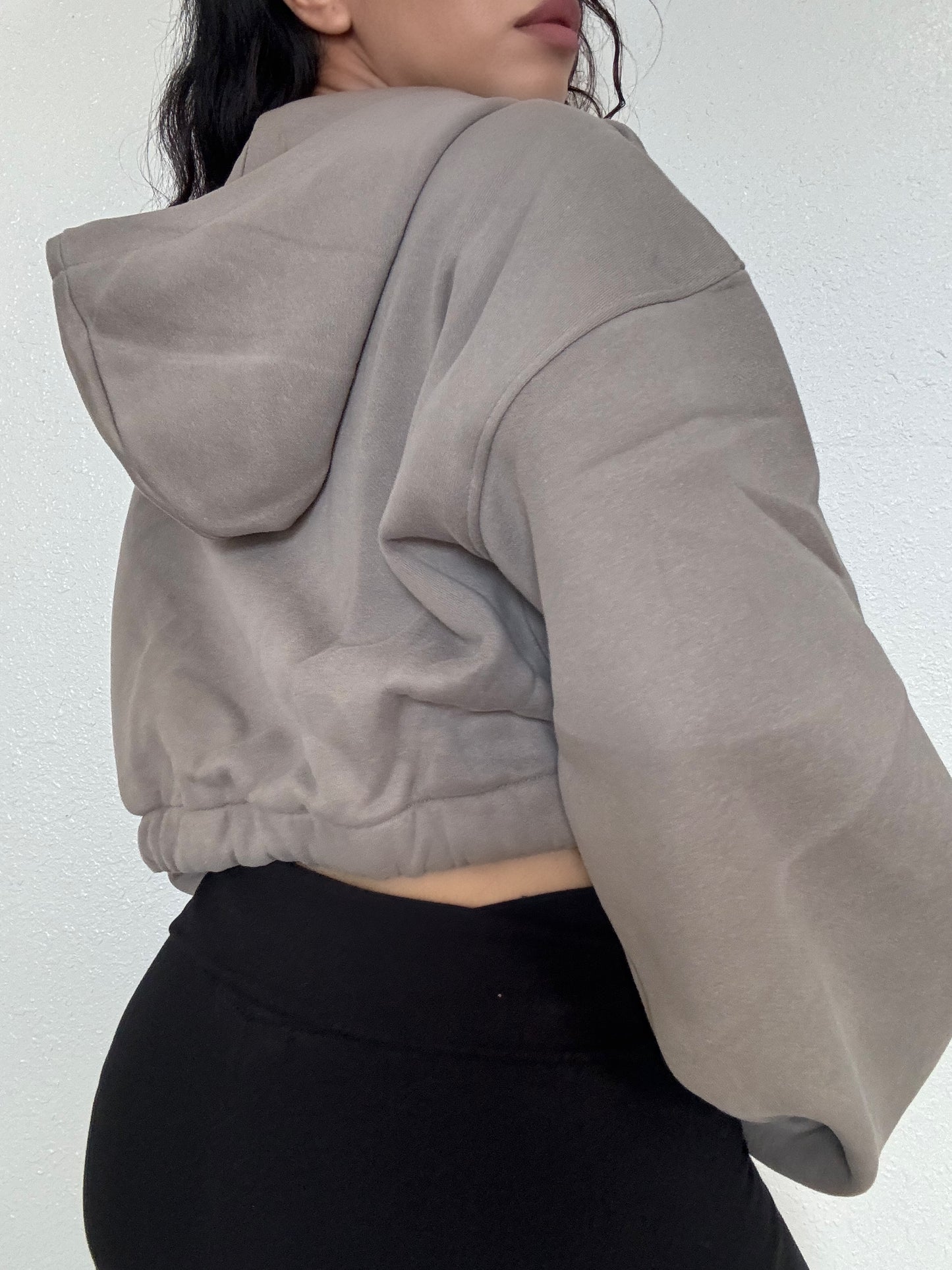 Cropped Zip Up Fleece Hoodie -Grey