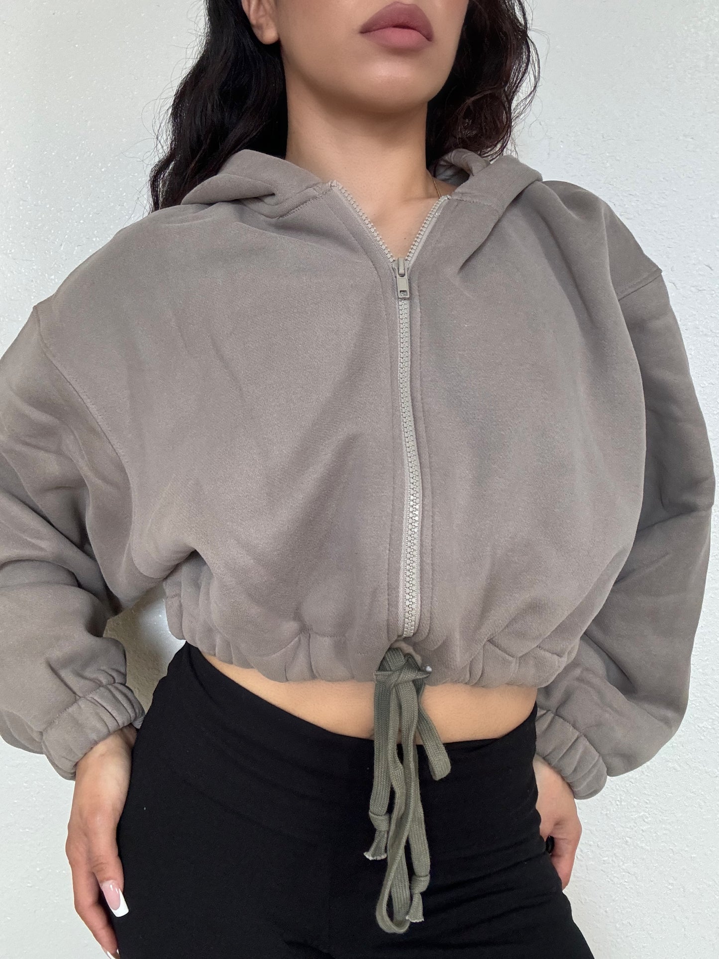 Cropped Zip Up Fleece Hoodie -Grey