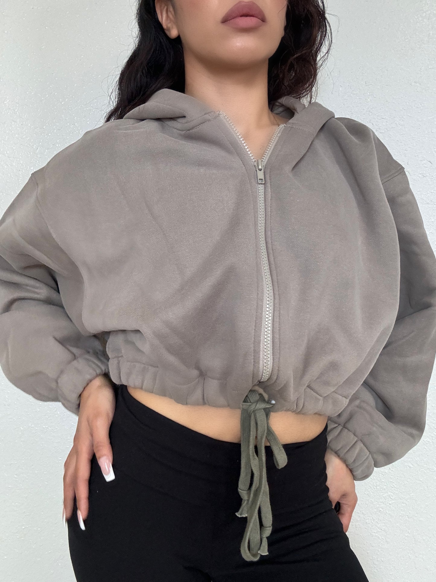 Cropped Zip Up Fleece Hoodie -Grey