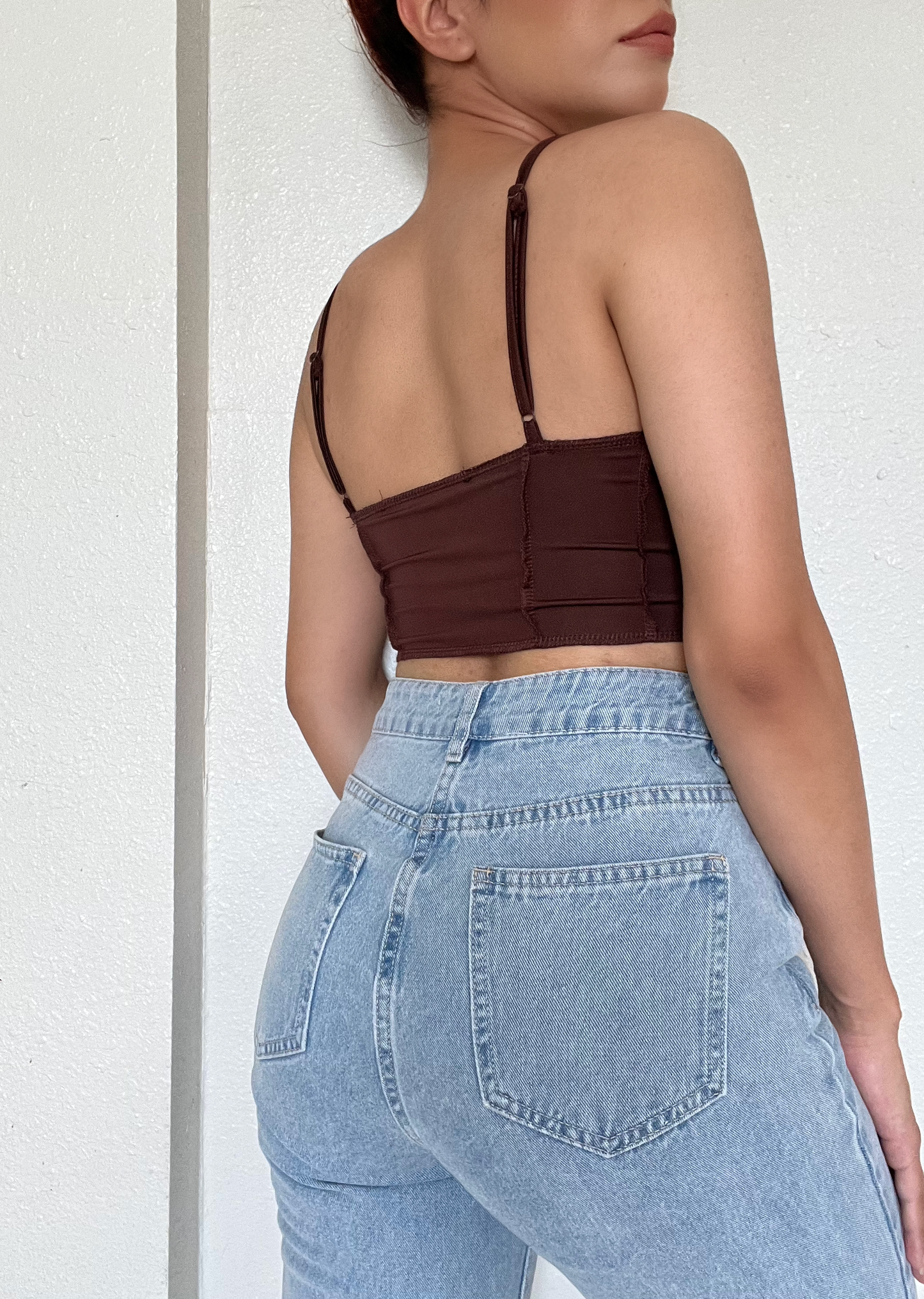 Cropped Contrast Stitching Tank -Brown