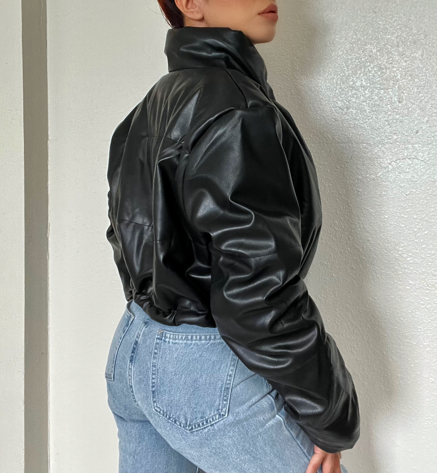 Faux Leather Puffer Jacket -Black