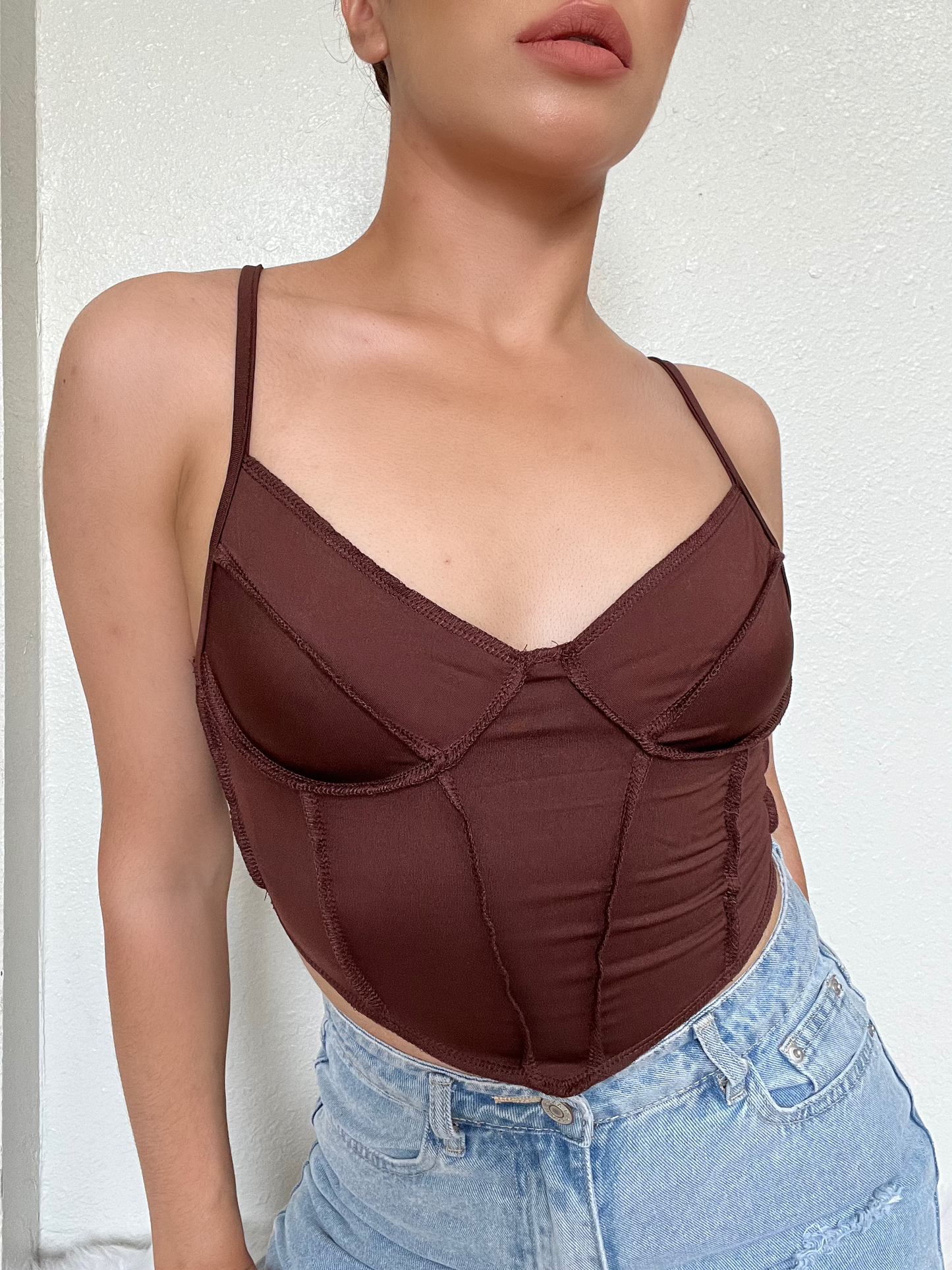 Cropped Contrast Stitching Tank -Brown