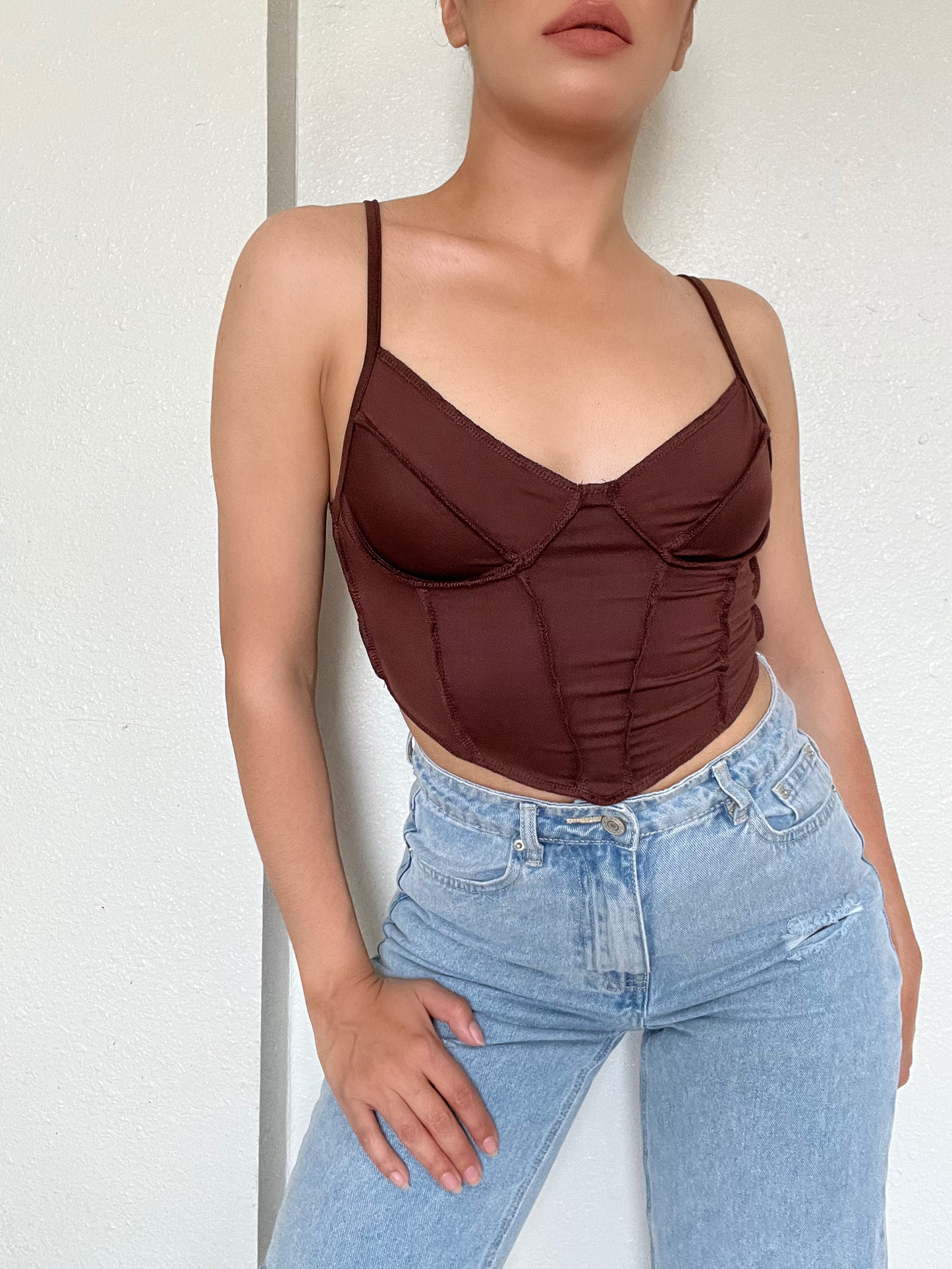 Cropped Contrast Stitching Tank -Brown