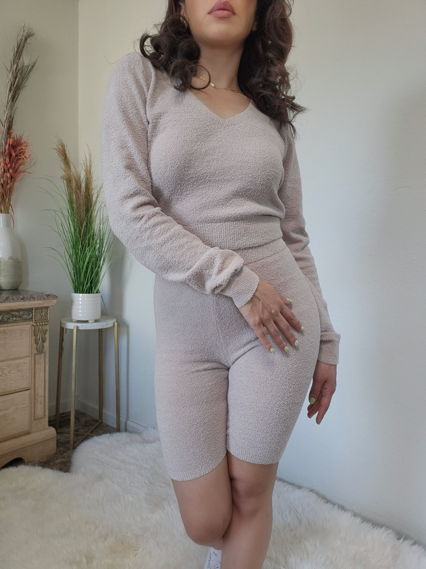 Fuzzy Biker Short Set -Taupe