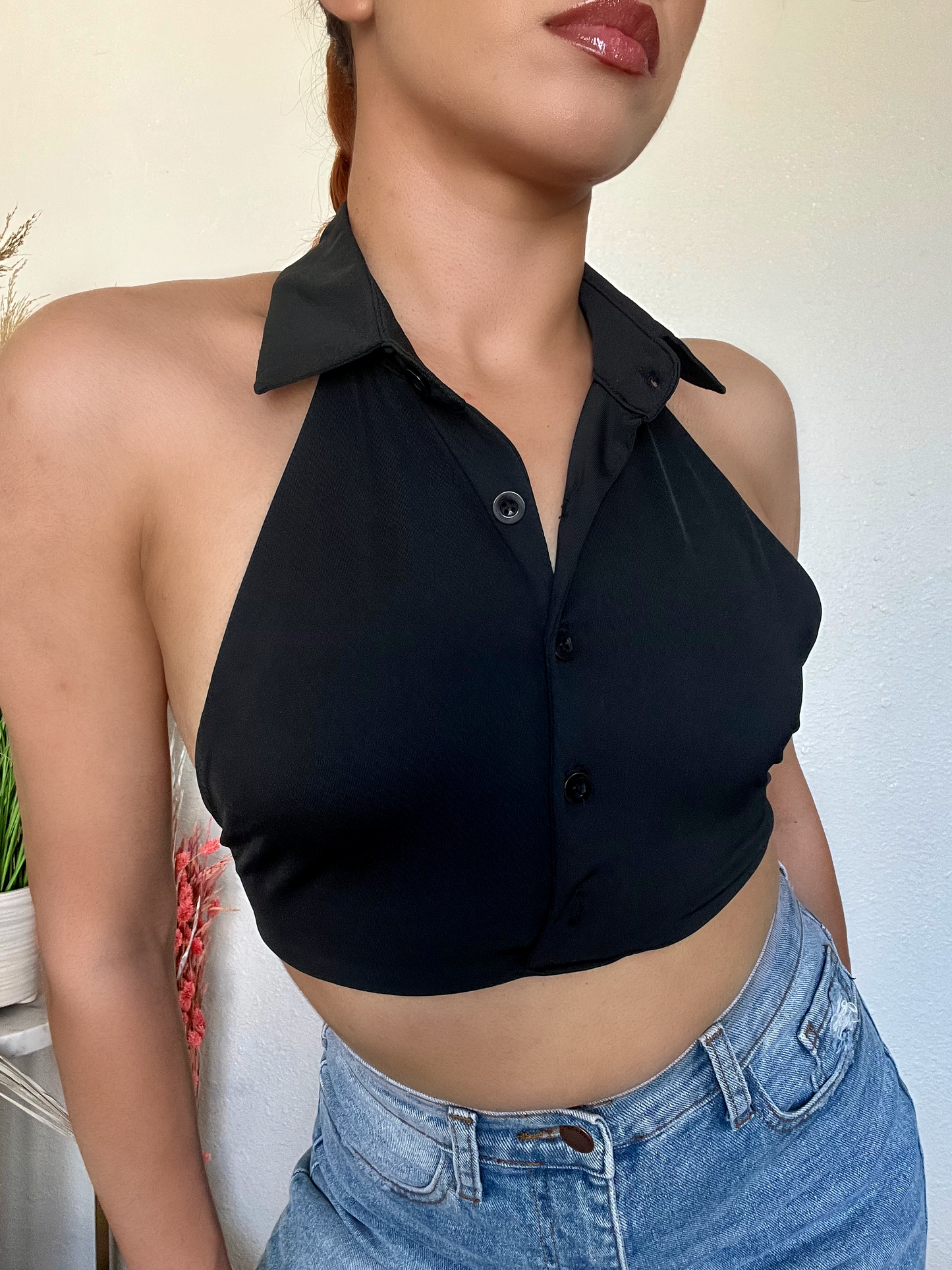 Backless Wrap Halter Button Up Crop top -Black