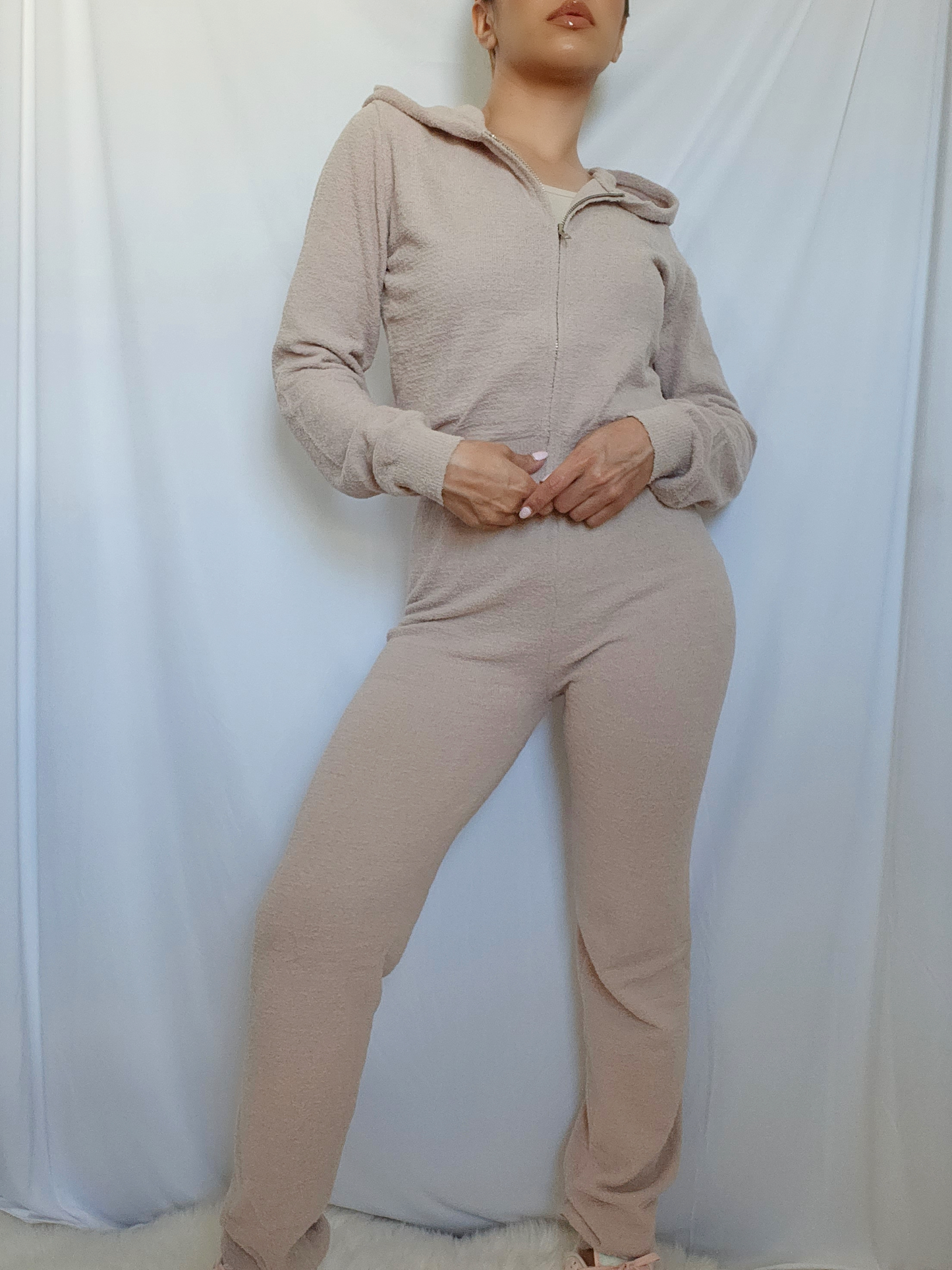 Fuzzy Pant and Cropped Jacket Lounge Set -Taupe