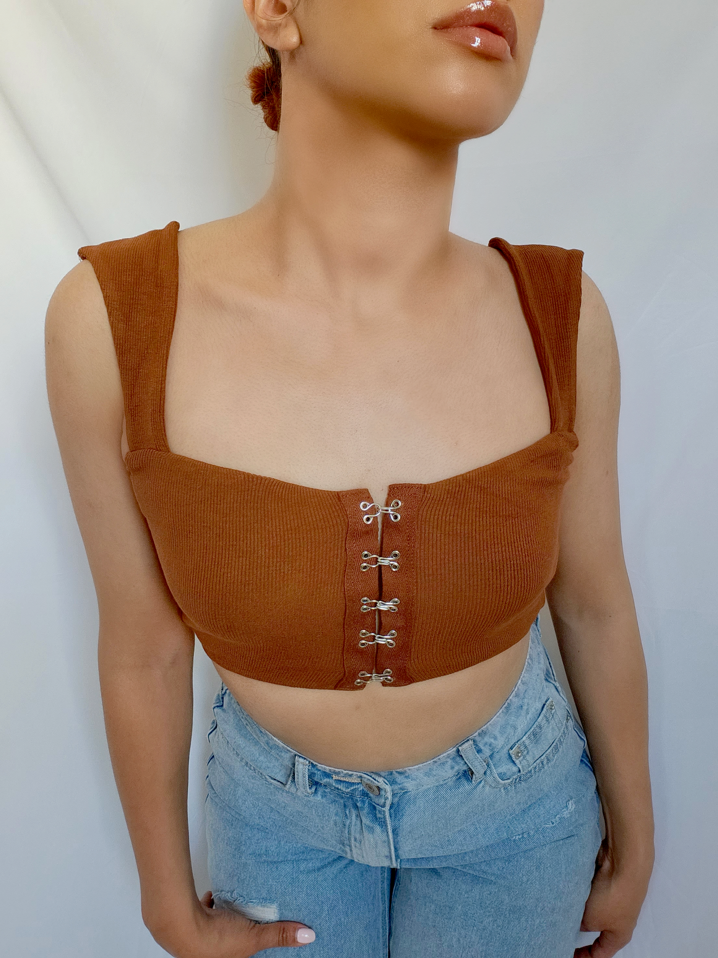 Hook and Eye Crop Top -Brown