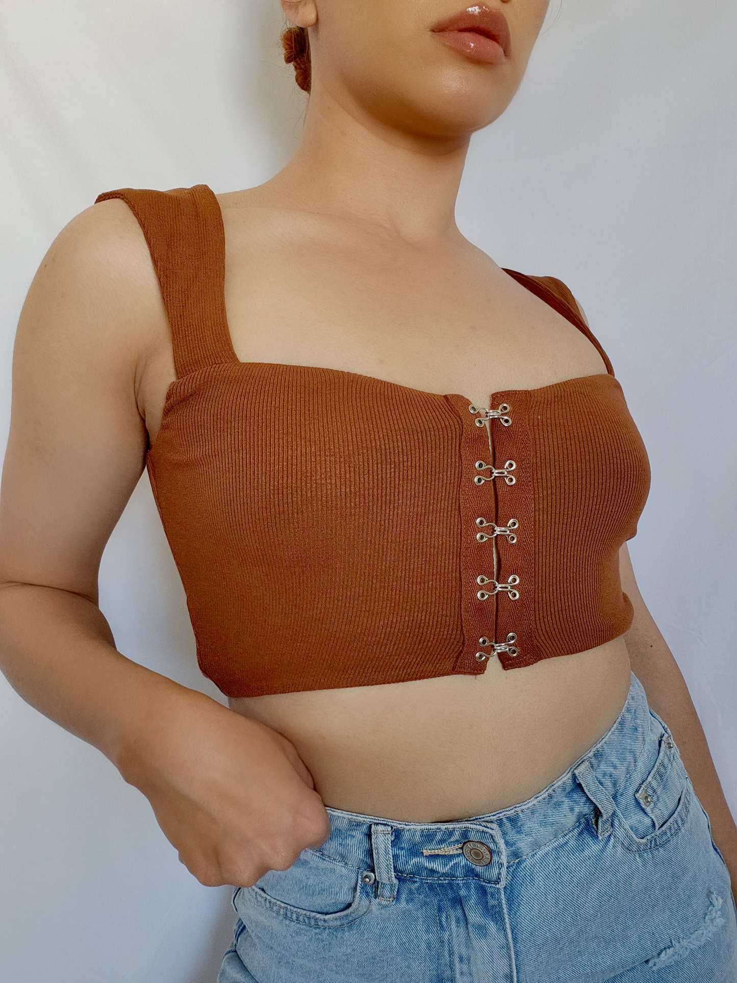 Hook and Eye Crop Top -Brown