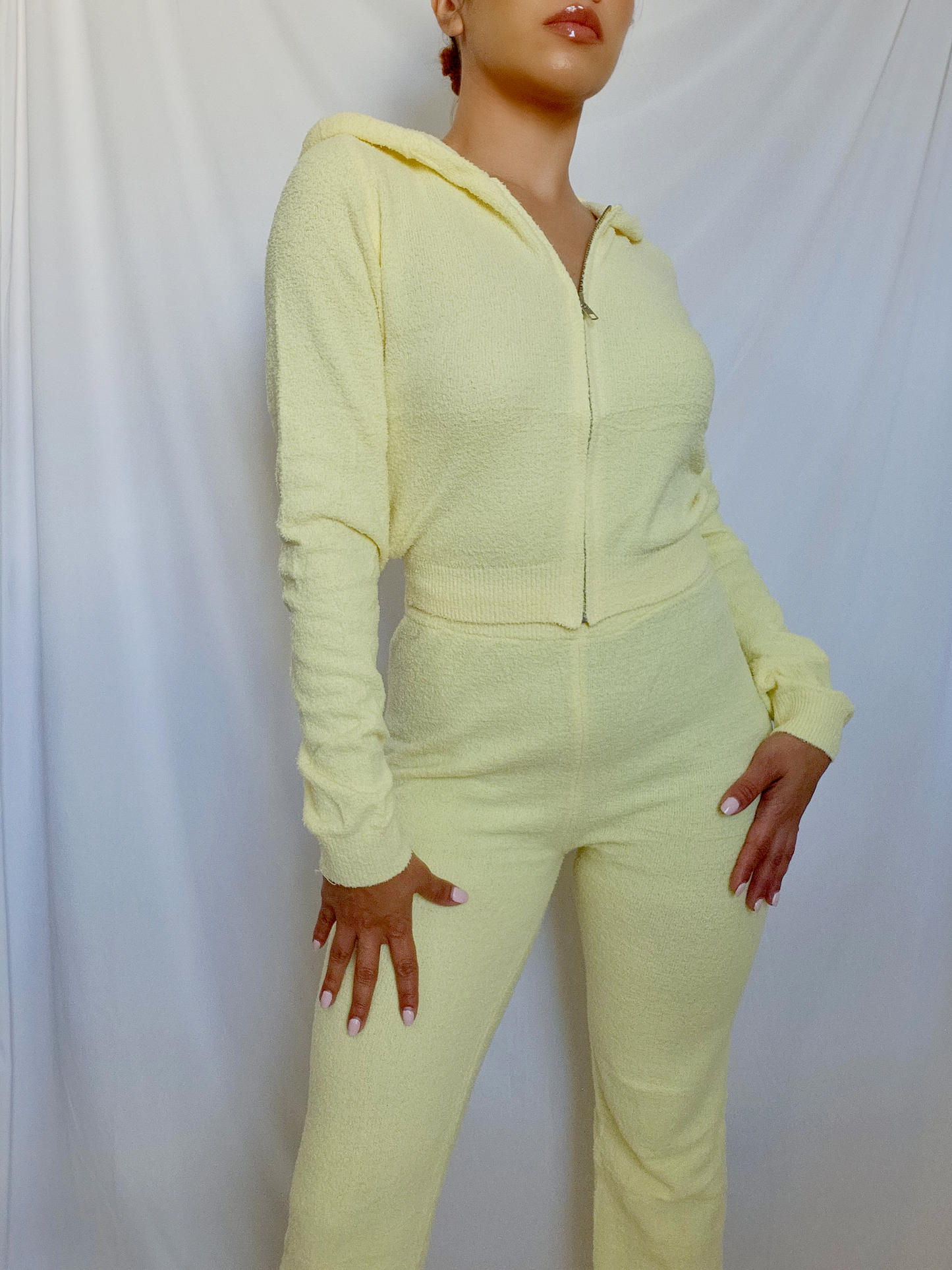 Fuzzy Pant and Cropped Jacket Lounge Set -Lemon