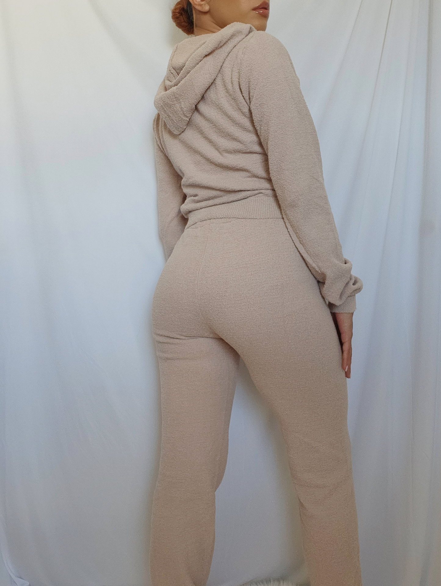 Fuzzy Pant and Cropped Jacket Lounge Set -Taupe