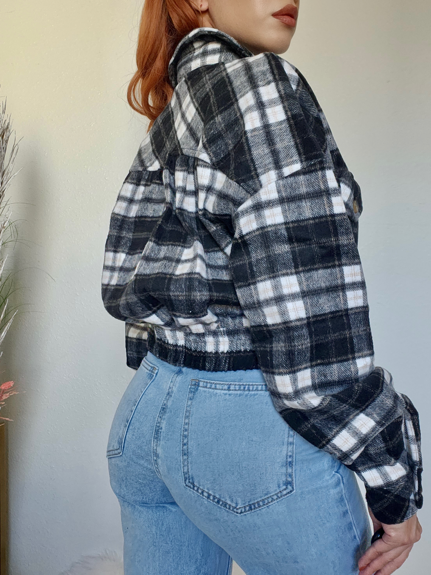 Plaid Cropped Jacket -Black/Taupe