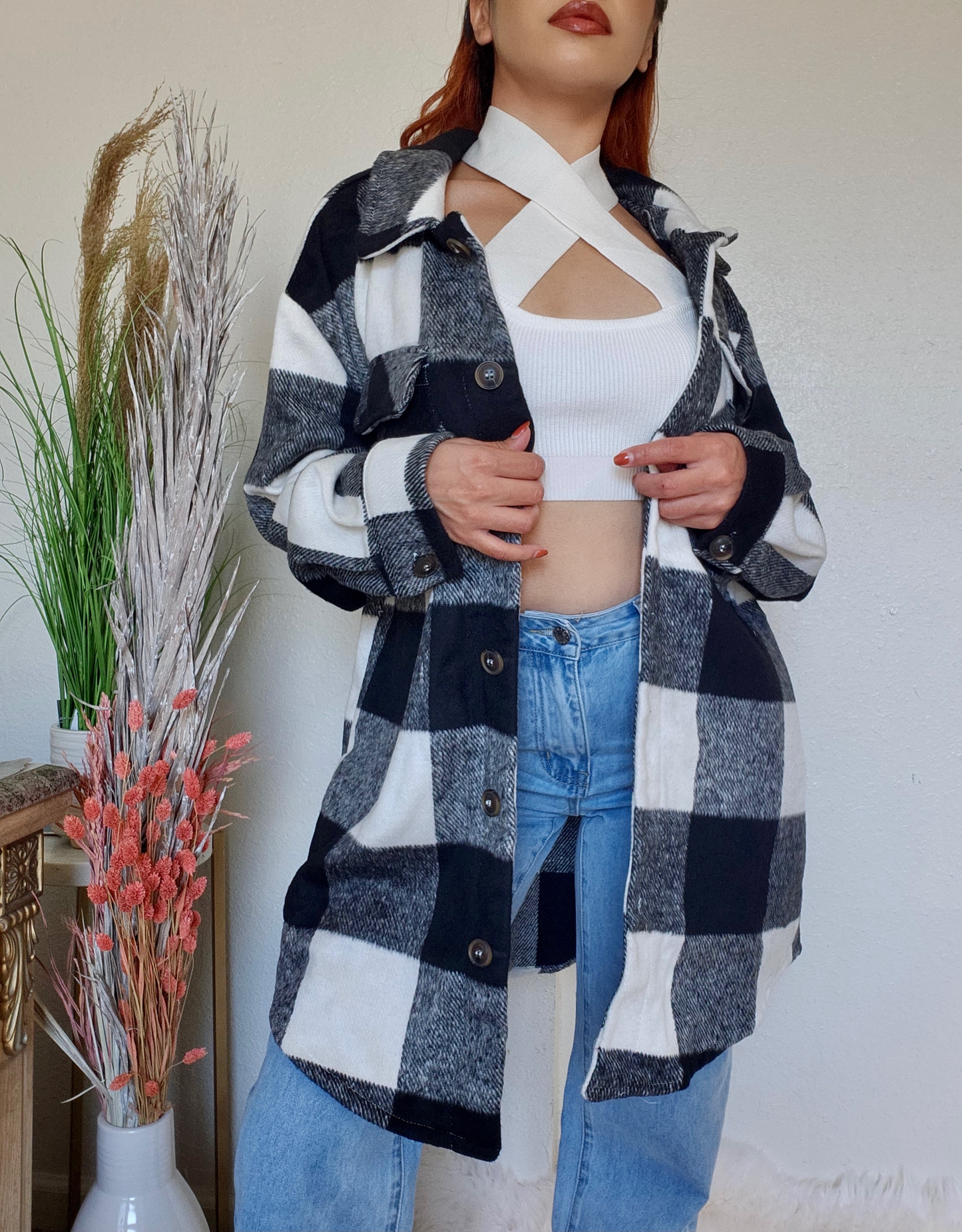 Long Plaid Shacket -Black/White