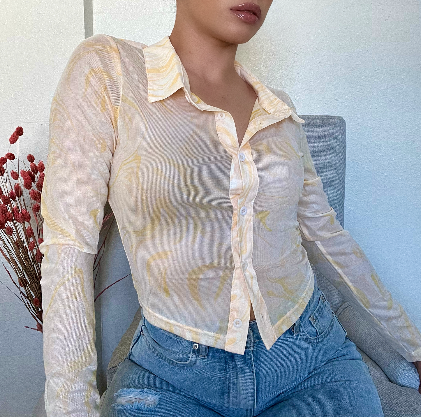 Long Sleeve Mesh Button up Top -Yellow/White
