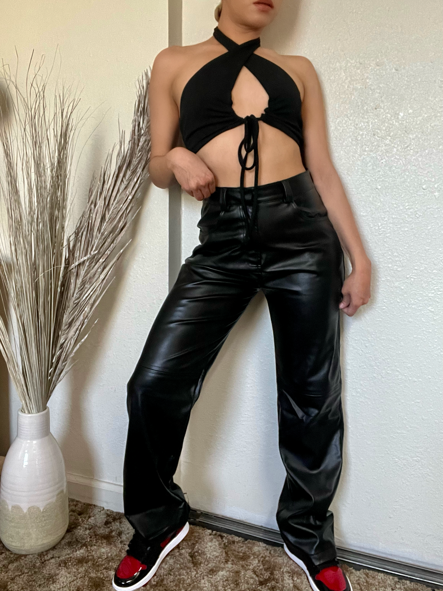 High Waisted PU Leather Pants -Black