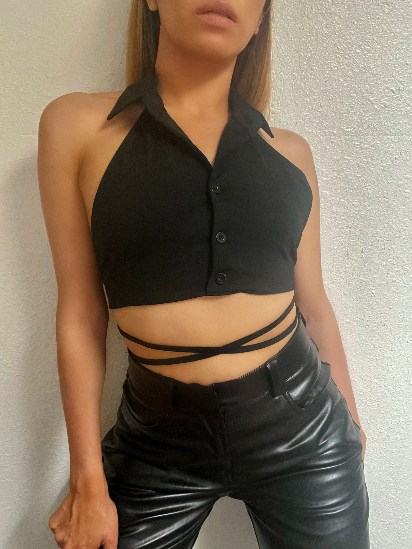 Backless Wrap Halter Button Up Crop top -Black