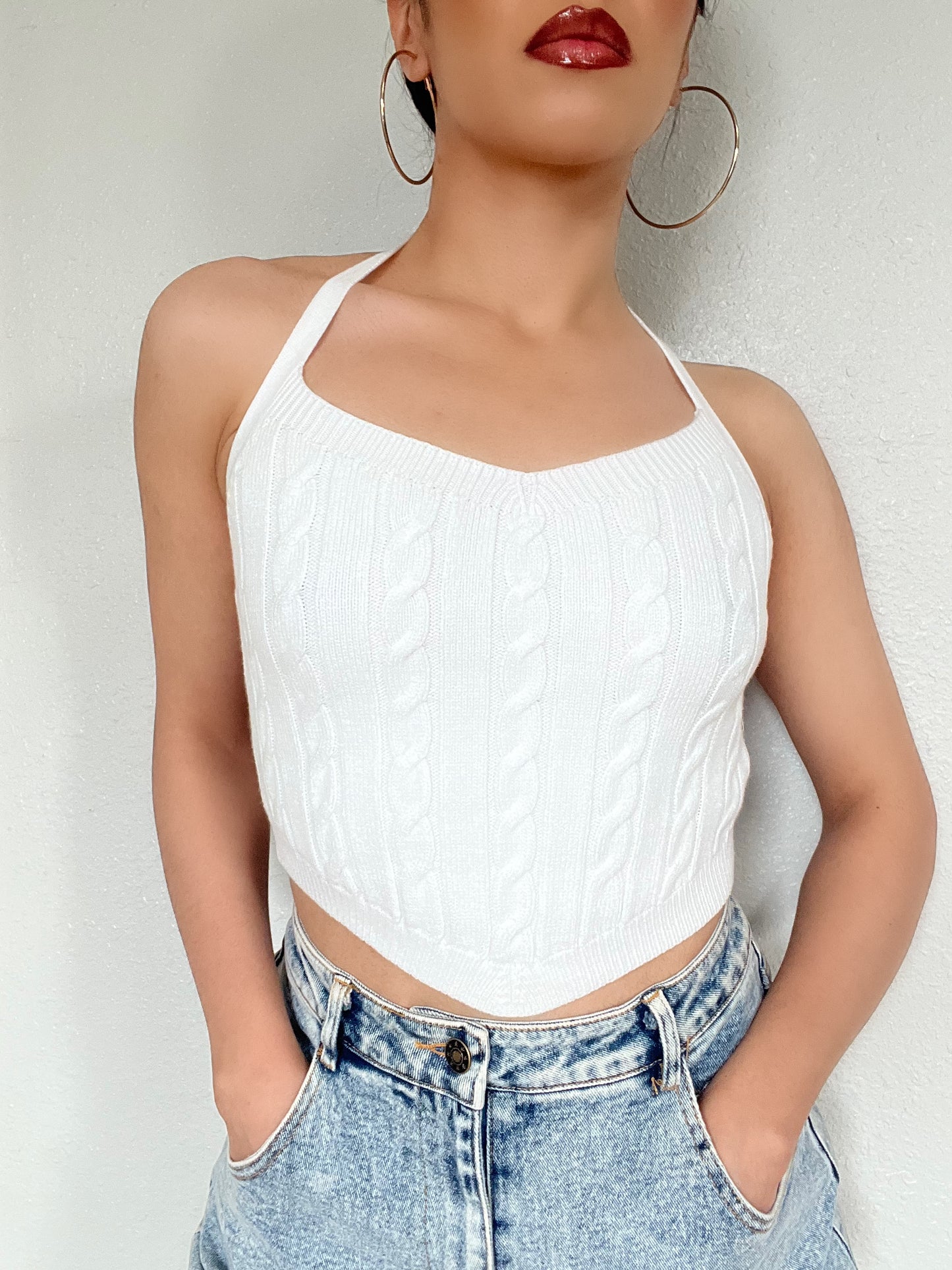 Cable Knit Halter Top -White