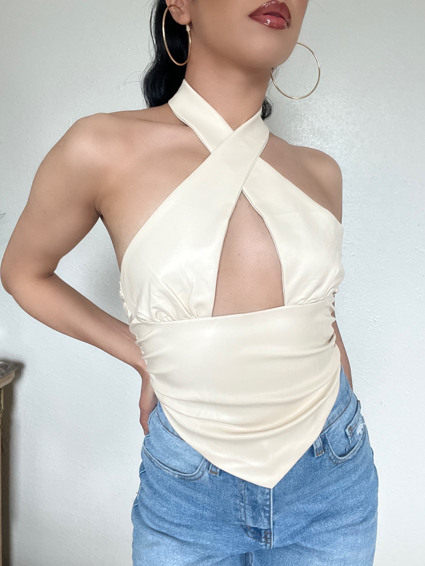 Vegan Leather Halter Corset Top -Cream