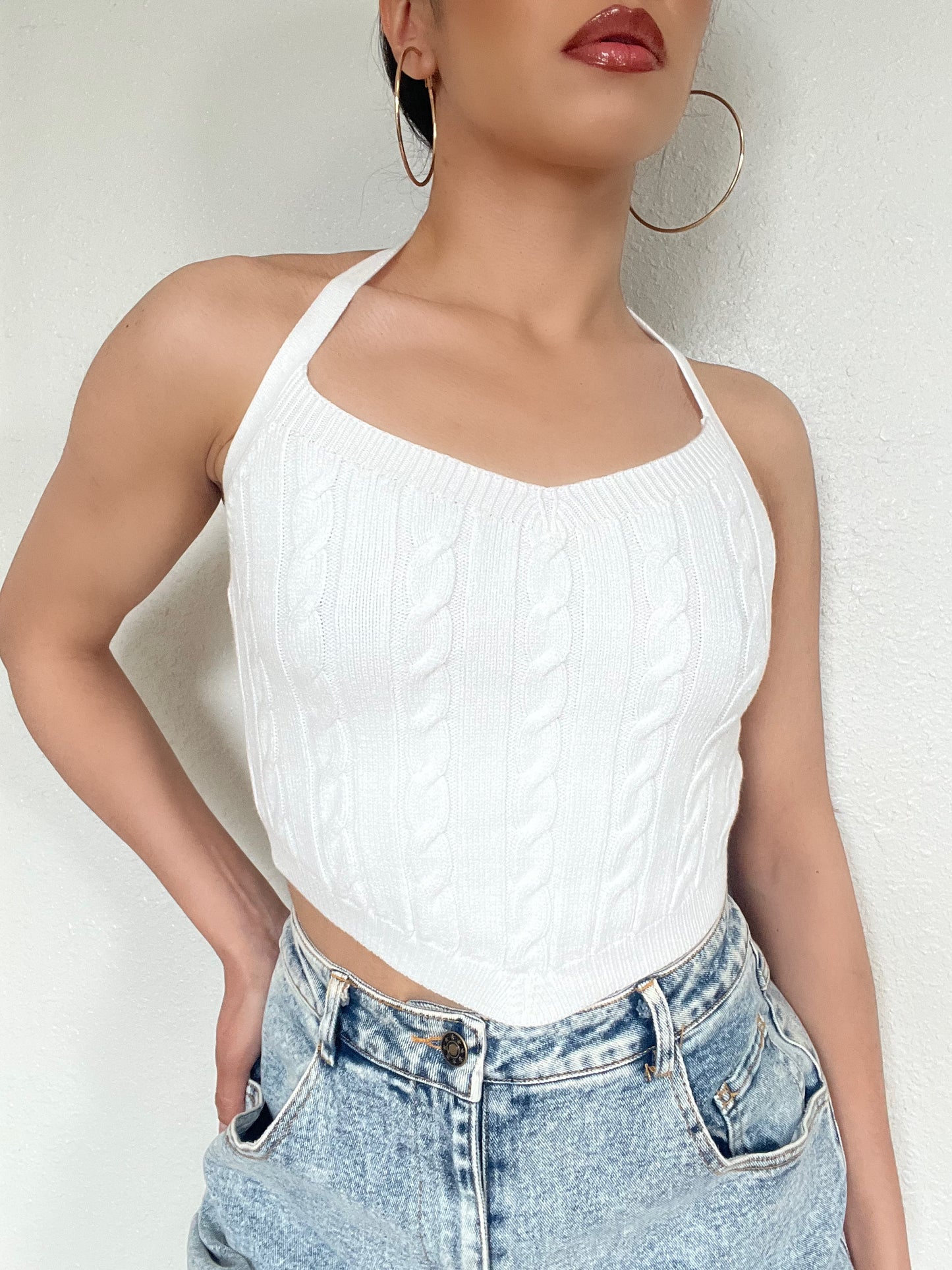 Cable Knit Halter Top -White