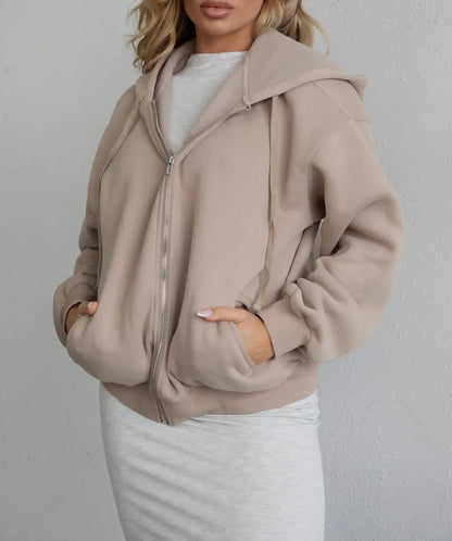 Oversized Fleece Zip Up Hoodie -Taupe