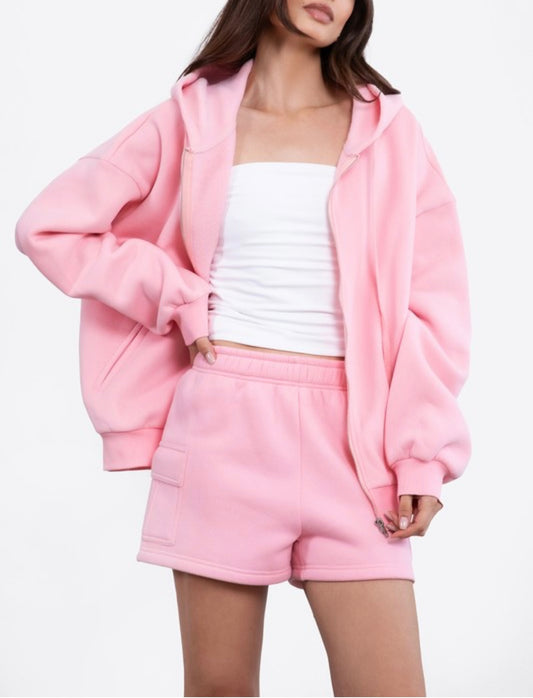 Oversized Fleece Zip Up Hoodie -Blush