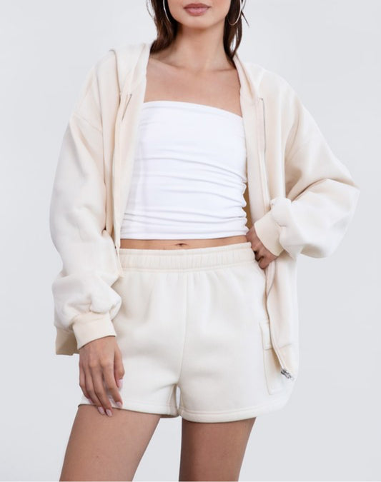 Oversized Fleece Zip Up Hoodie -Ecru