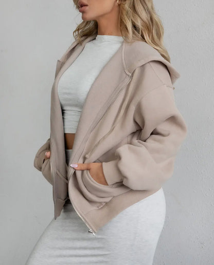 Oversized Fleece Zip Up Hoodie -Taupe