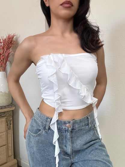 Mesh Ruffled Tube Top -White