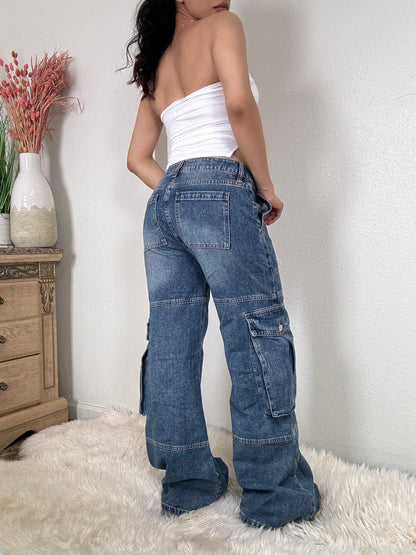 Wide Leg Cargo Denim Jeans