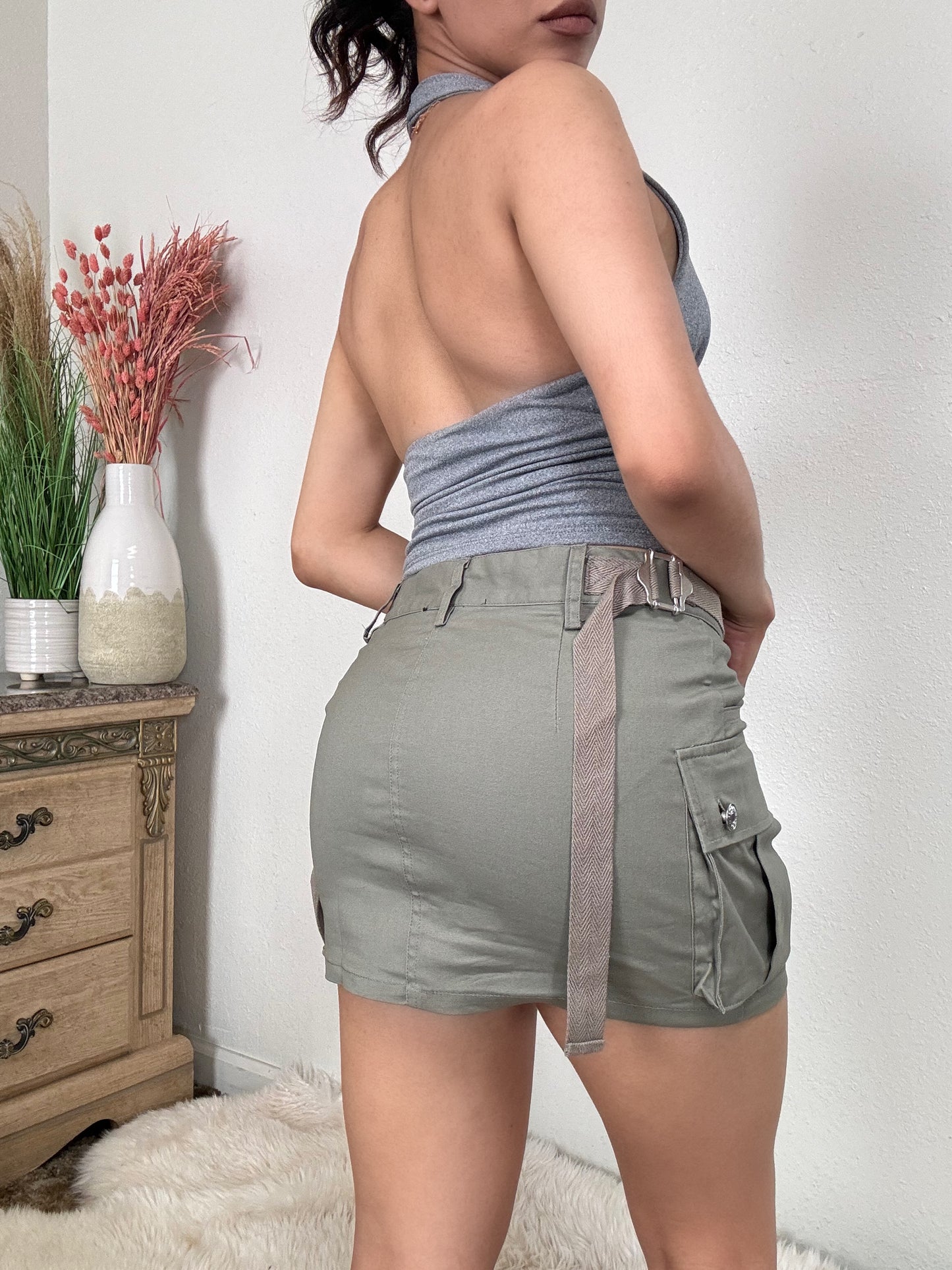 Low Rise Cargo Mini Skirt -Olive