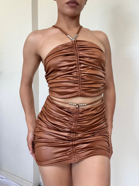 Ruched Mini Skirt and Crop Top Set -Bronze