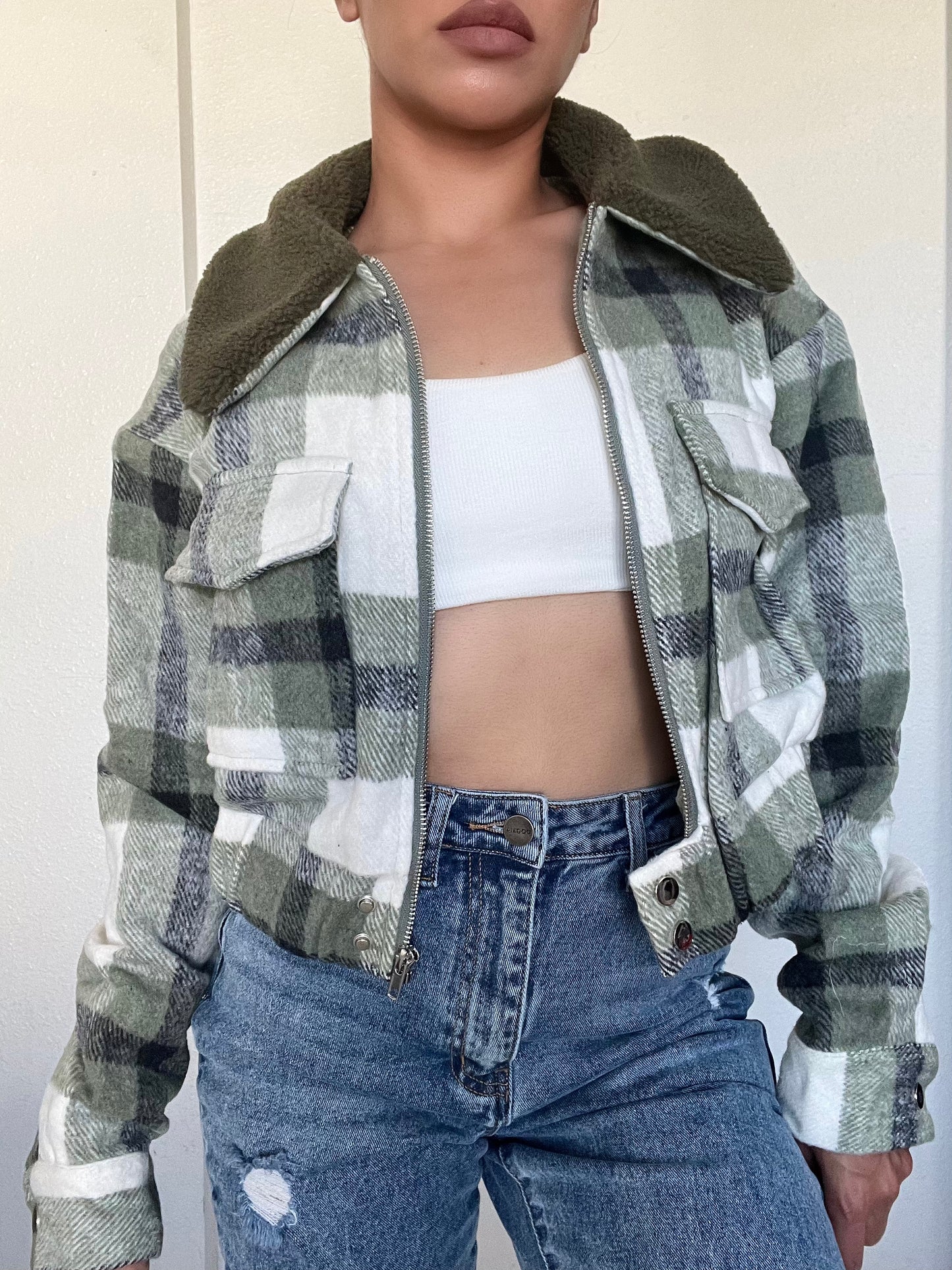 Plaid Sherpa Cropped Jacket -Olive