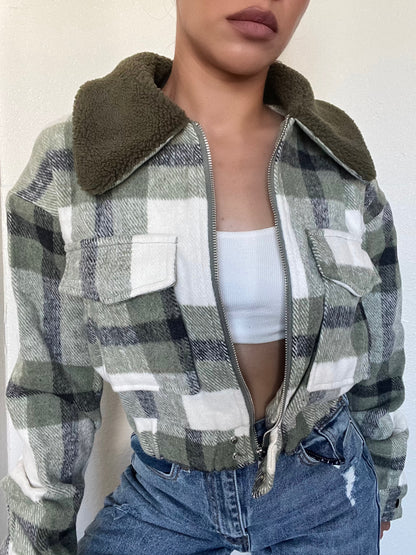 Plaid Sherpa Cropped Jacket -Olive