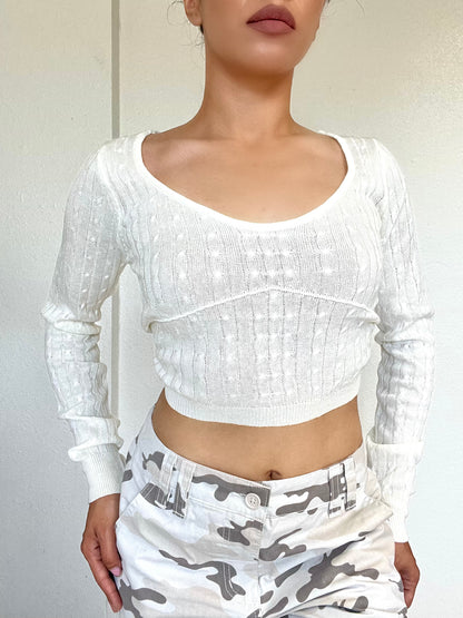 Cropped Knitted Long Sleeve Top -White