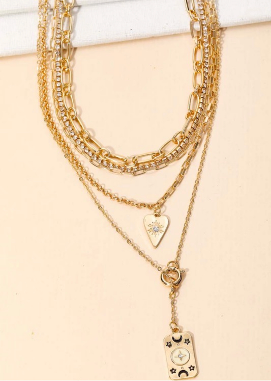 Layered Heart Moon Star Charm Necklace -Gold