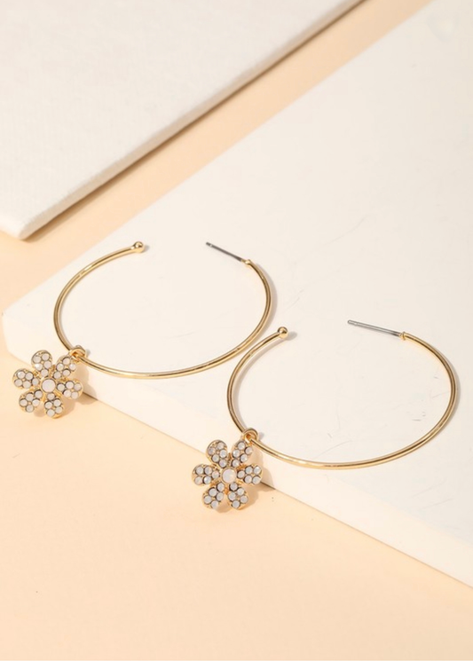 Flower Drop Hoop Earrings  -Gold