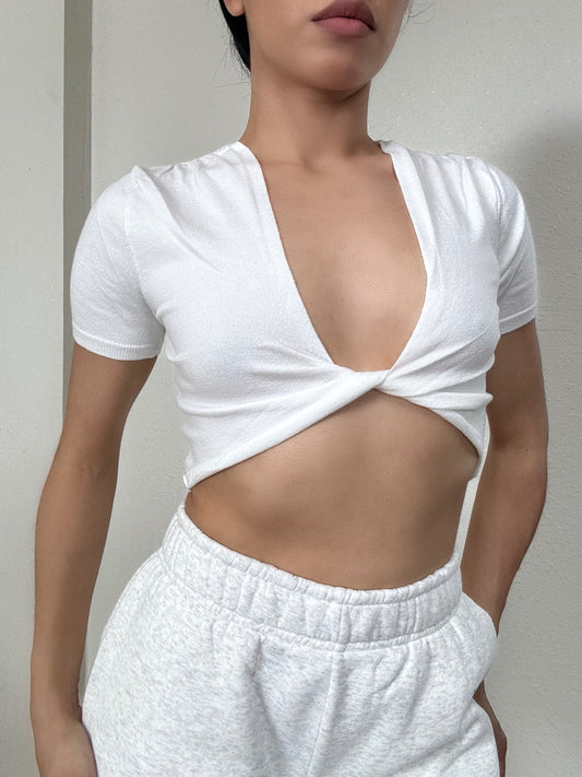 Twist Front Short Sleeve Top -White