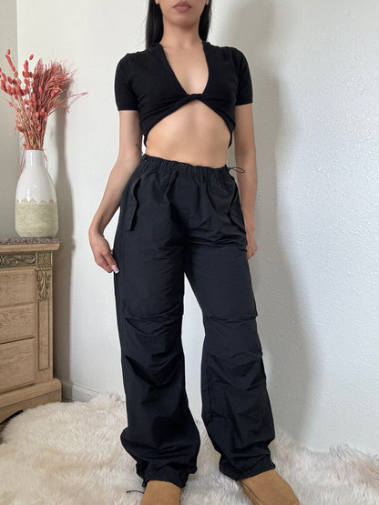 Loose Fit Parachute Pants -Black