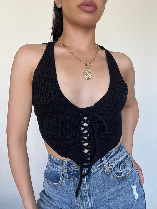 Lace Up Knit Crop Top -Black